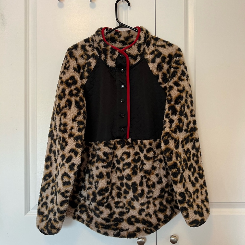 Maurices Leopard Print Fleece Sherpa Sweatshirt with Black and Red Accents